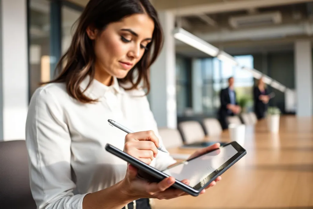Professional maakt notities op een tablet in een kantooromgeving