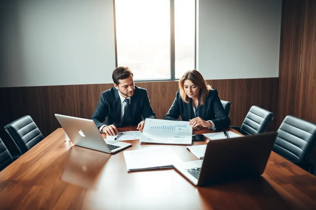 Twee bestuurders bespreken een Reality Check rapport aan een bestuurstafel