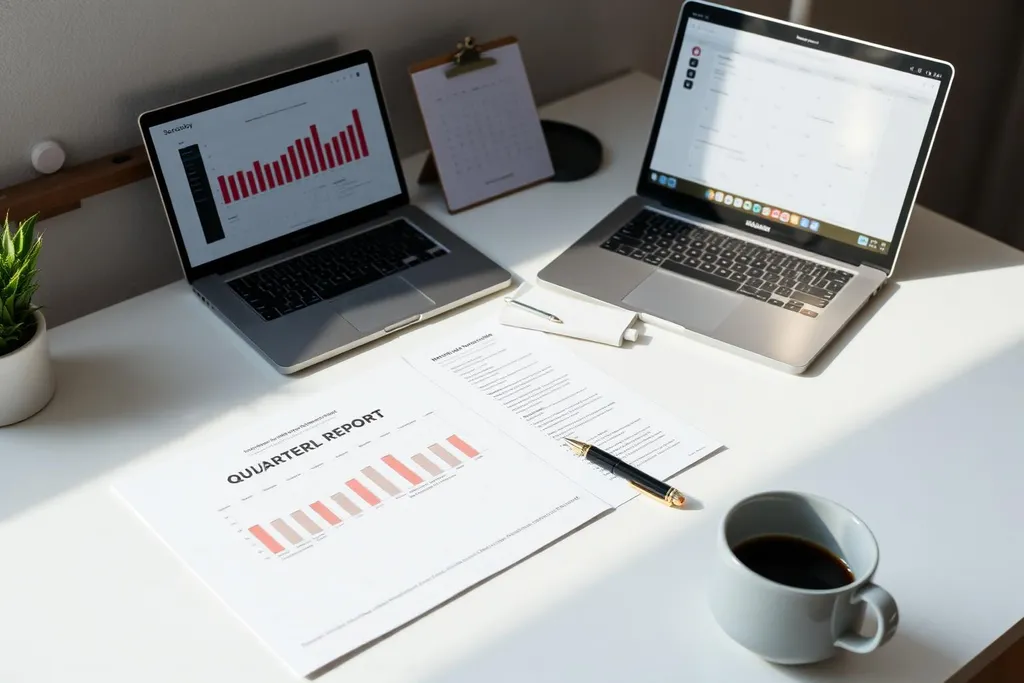 Werkplek met een kwartaalrapport, kalender en laptop